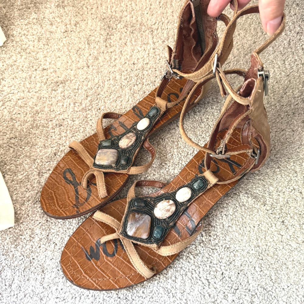 Sam Edelman Daisy Tan Leather Stone Beaded Gladiator Sandals 8 Boho Earthy Indie
